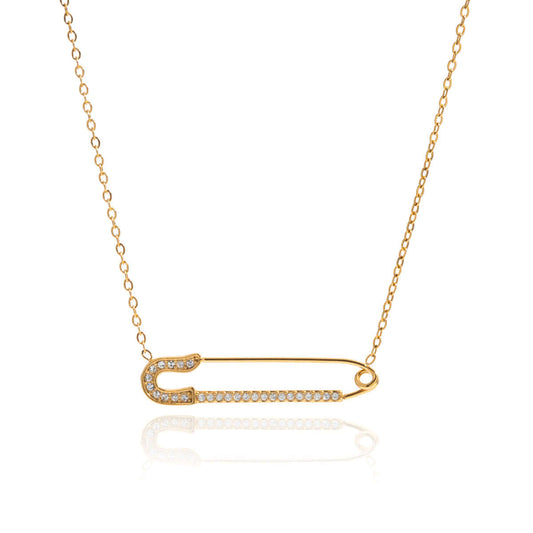 Safety Pin Necklace | Waterproof & Tarnish Free design with gold finish and shiny embellishments on a delicate chain.