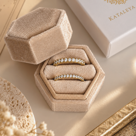 Scarlett Eternity Ring showcased in a luxurious hexagon ring box, featuring sparkling round stones.
