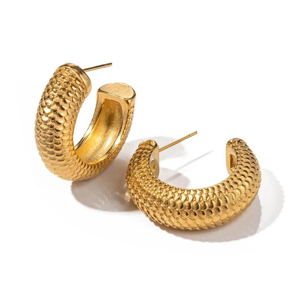Chunky gold hoop earrings with snake design, 18k gold plated, waterproof and hypoallergenic.