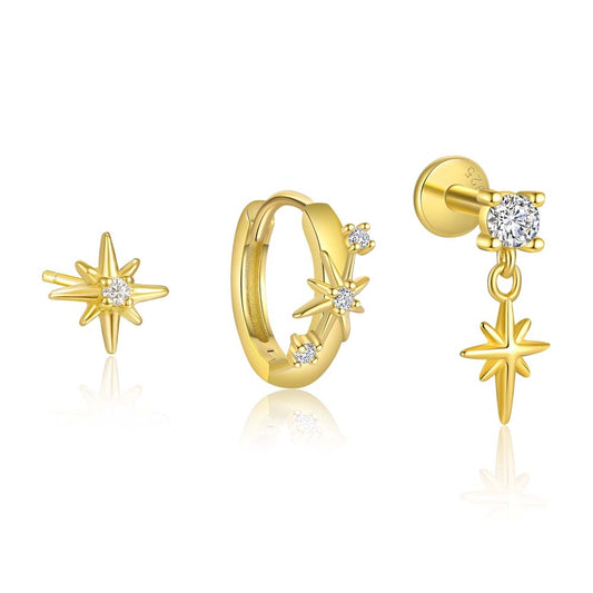 Celestial Star Gold Earrings Set featuring gold-plated sterling silver star stud and hoop earrings.