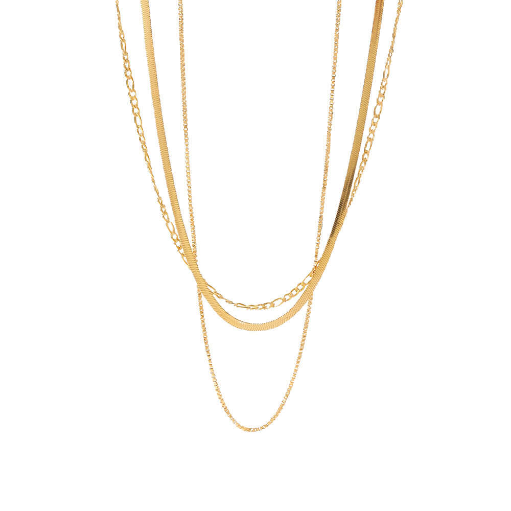 Goddess Layers Necklace – Triple Gold Chain featuring sleek snake, curb, and link chains for a modern layered look.