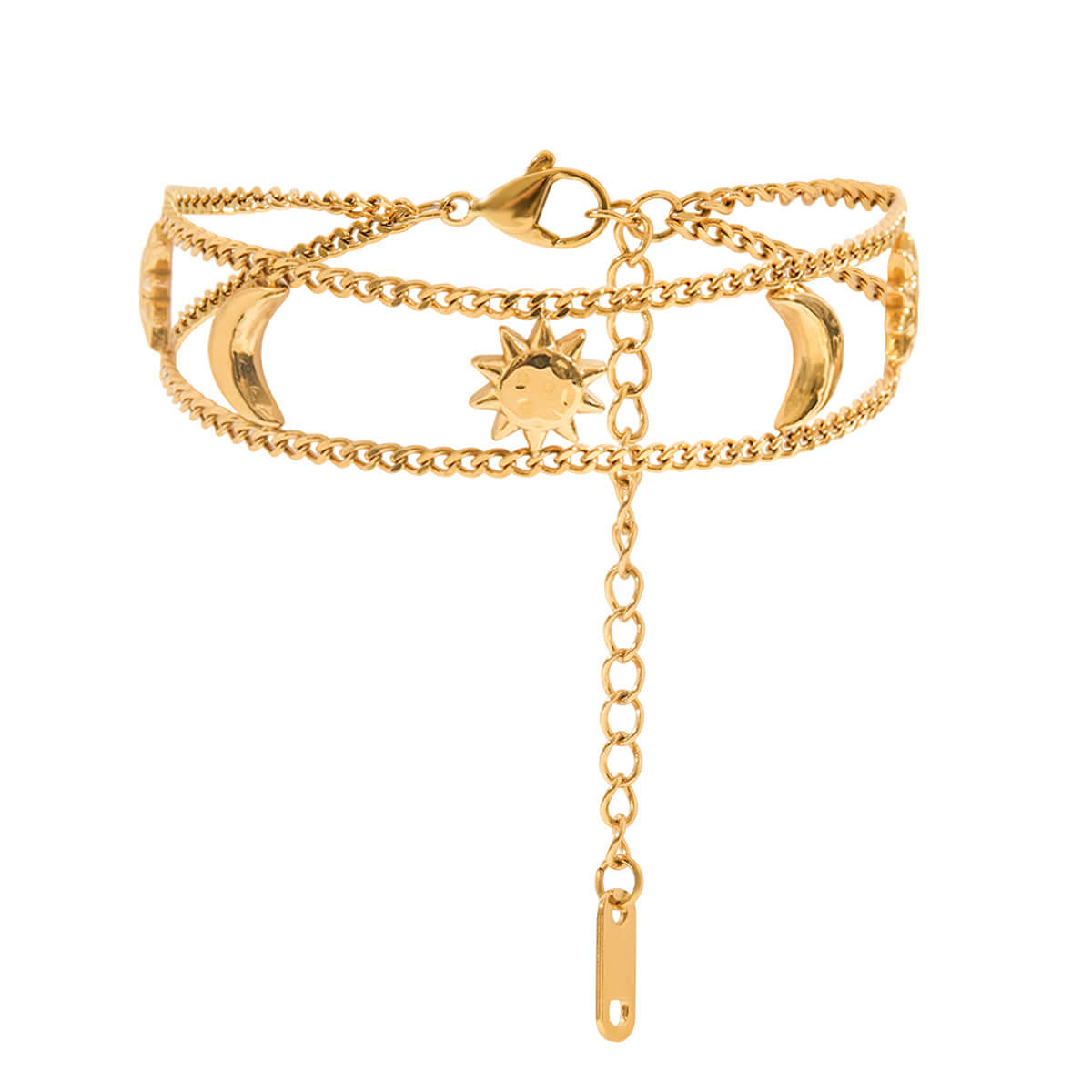 Gold bracelet with sun and moon charms on a white background