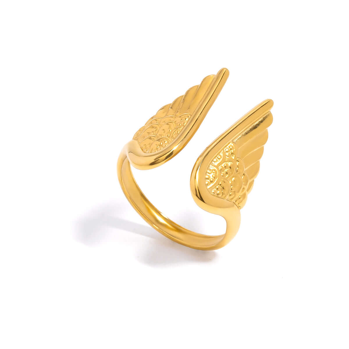 Winged Goddess Ring with intricate wing detailing in bold gold finish, waterproof and tarnish-free.