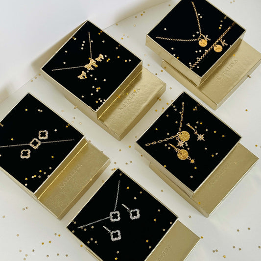 Autumn/Winter 2024 Jewelry Trends showcased in elegant boxed necklaces with star designs and shimmering details.