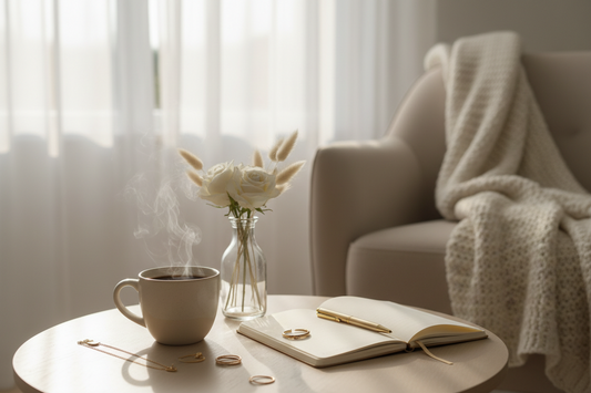 Morning Rituals displayed with a steaming cup of coffee, flowers, jewelry, and a notebook for self-care.