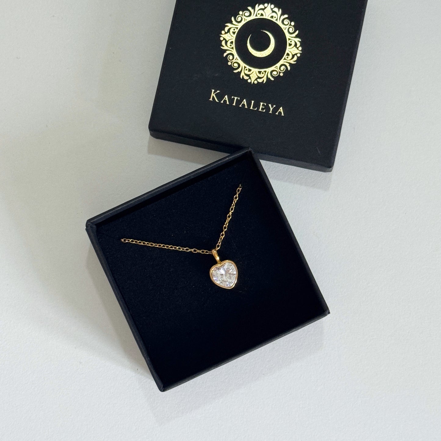 Valentina Gold Heart Necklace with Cubic Zirconia displayed in Katleya packaging.