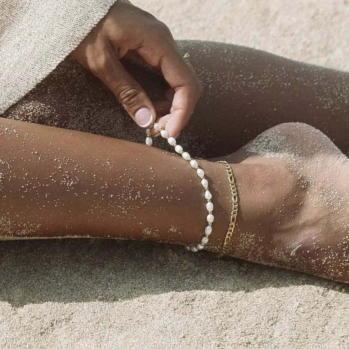 La Perla-set of two anklets-gold figaro chain and string of pearls with gold beads-SEABORN-Kataleya Jewellery