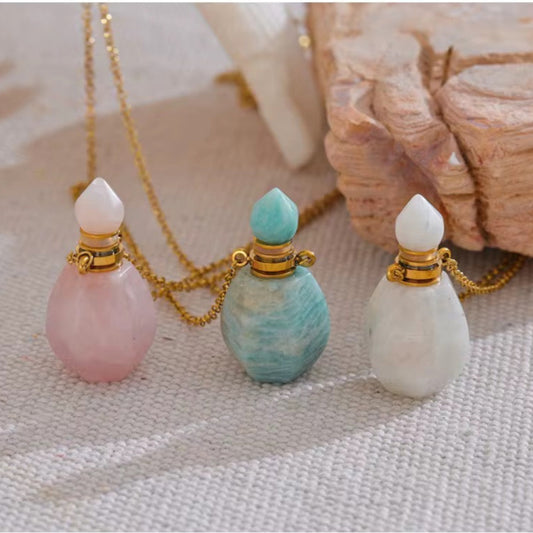Tide Essence Parfum, Potion Bottle Necklace in Pink, Green, White by Kataleya Jewellery
