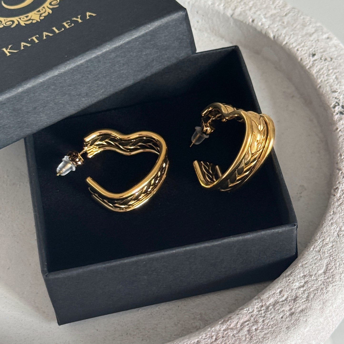 Chunky Gold Heart Earrings in a gift box showcasing waterproof PVD stainless steel design for confident women.