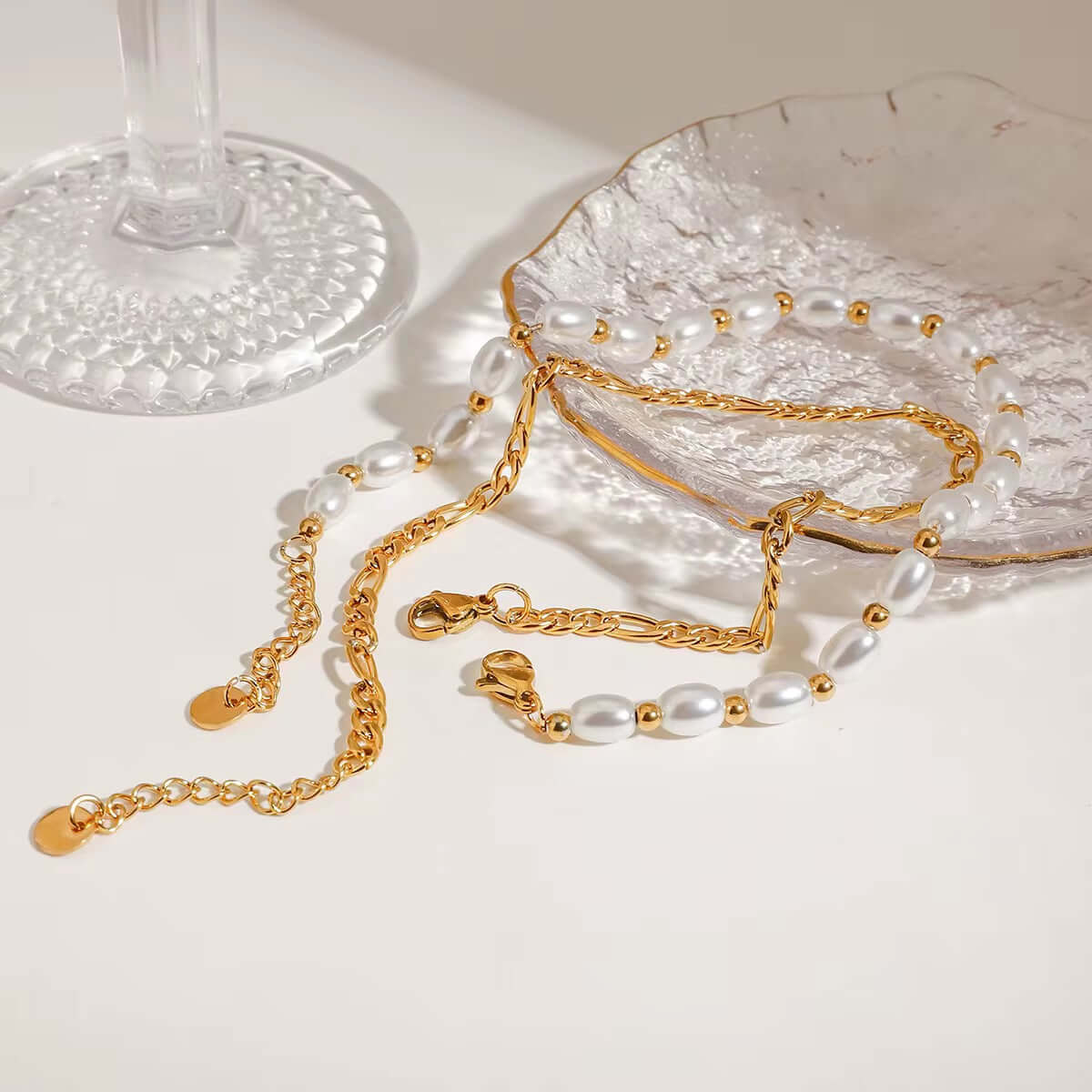 La Perla-set of two anklets-gold figaro chain and string of pearls with gold beads-SEABORN-Kataleya Jewellery