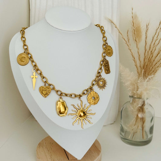 The Goddess Multi Charm Gold Chunky Necklace by Kataleya