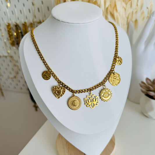 Sacred Serenity 7 Charms Gold Necklace by Kataleya