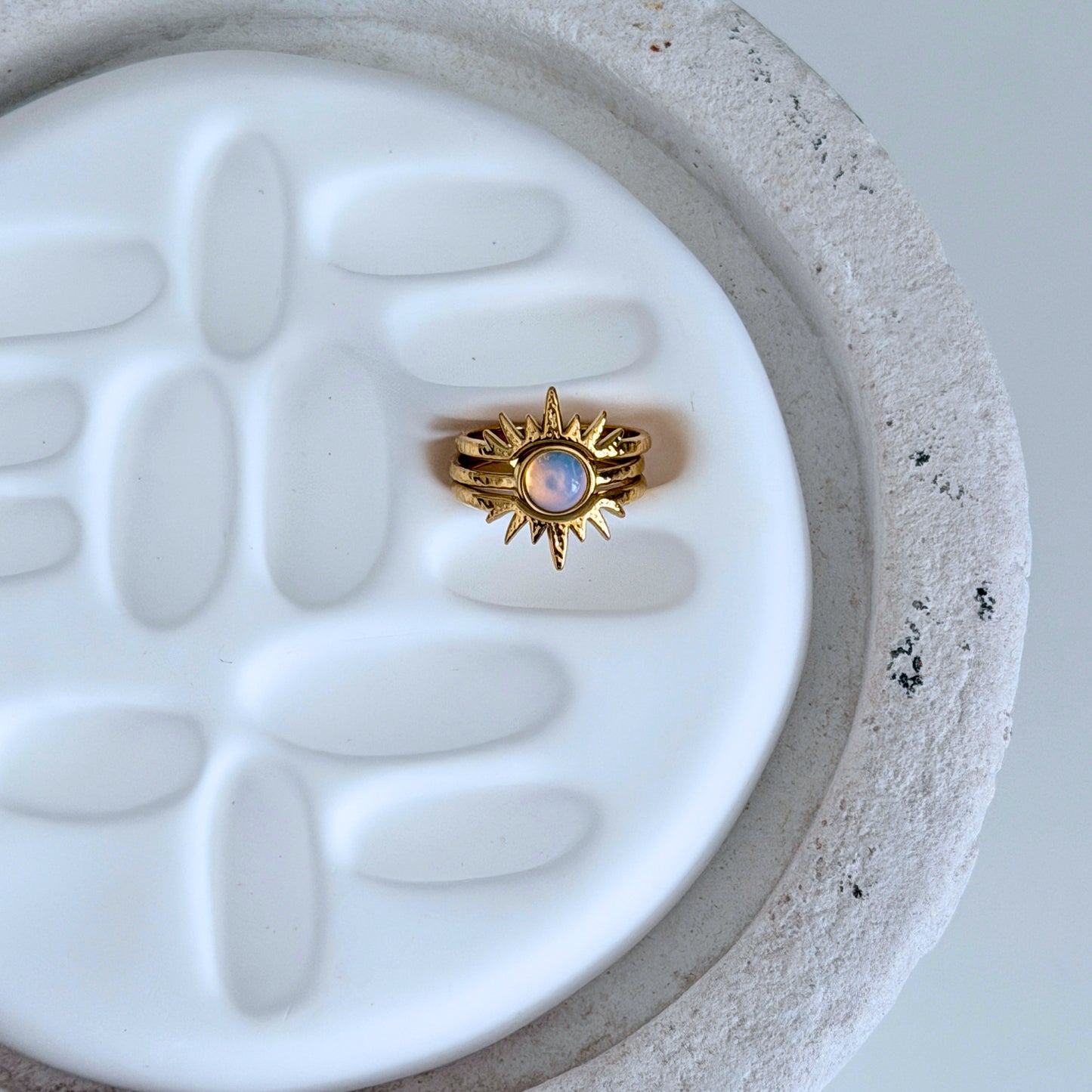 Solara Ring Set | Gold Sun & Opalite Stacking Rings