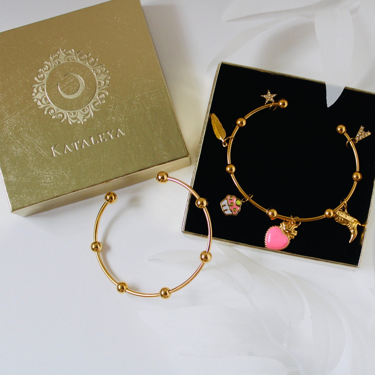 Gold Ball Open Bangle - Add Charms - by Kataleya