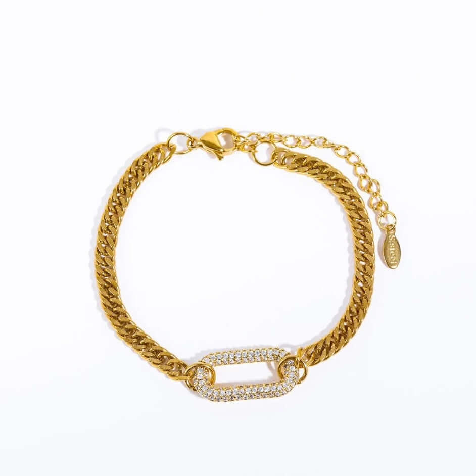 CZ Carabiner Pendant Gold Curb Chain Bracelet - Kataleya