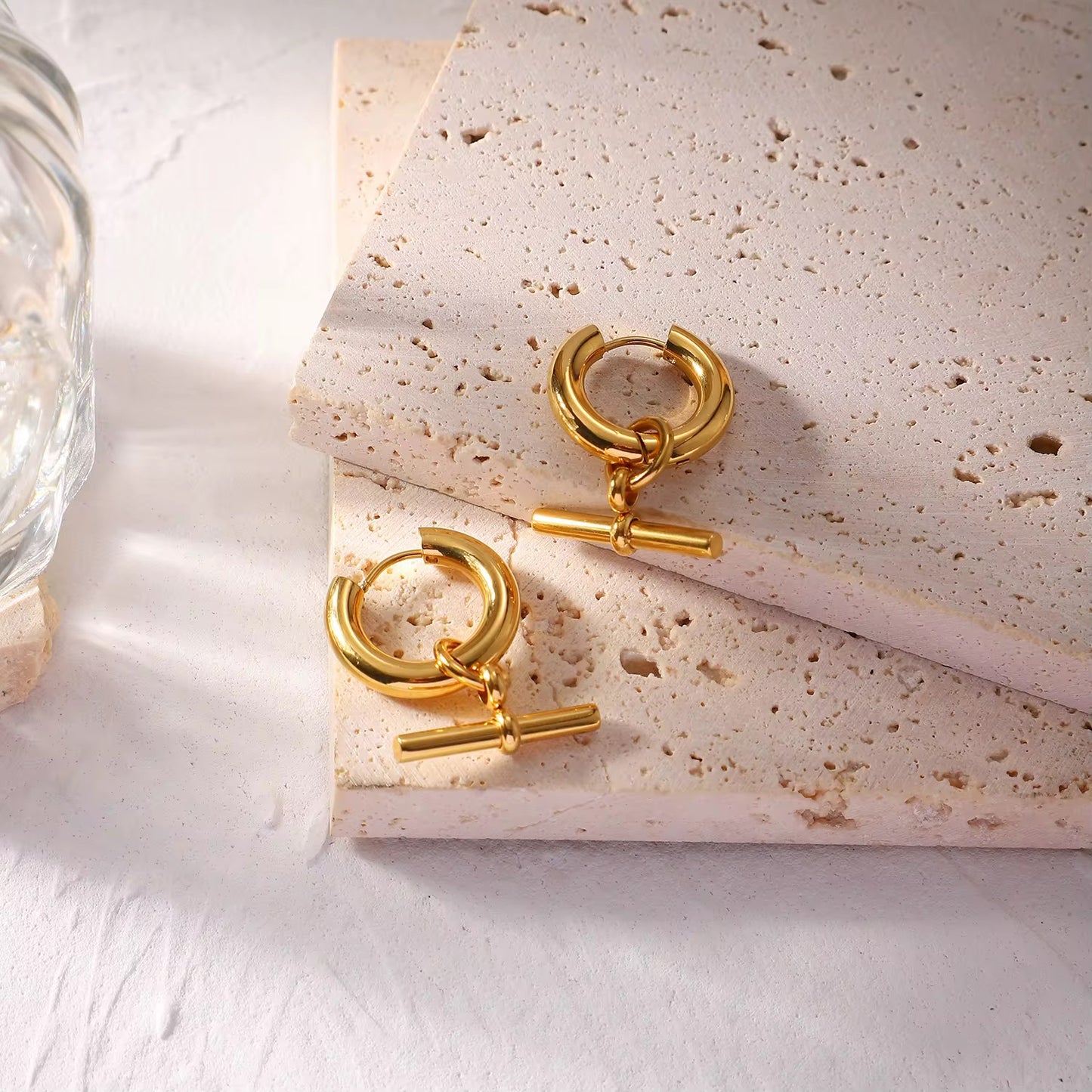 Gold T-Bar Hoop Earrings by Kataleya