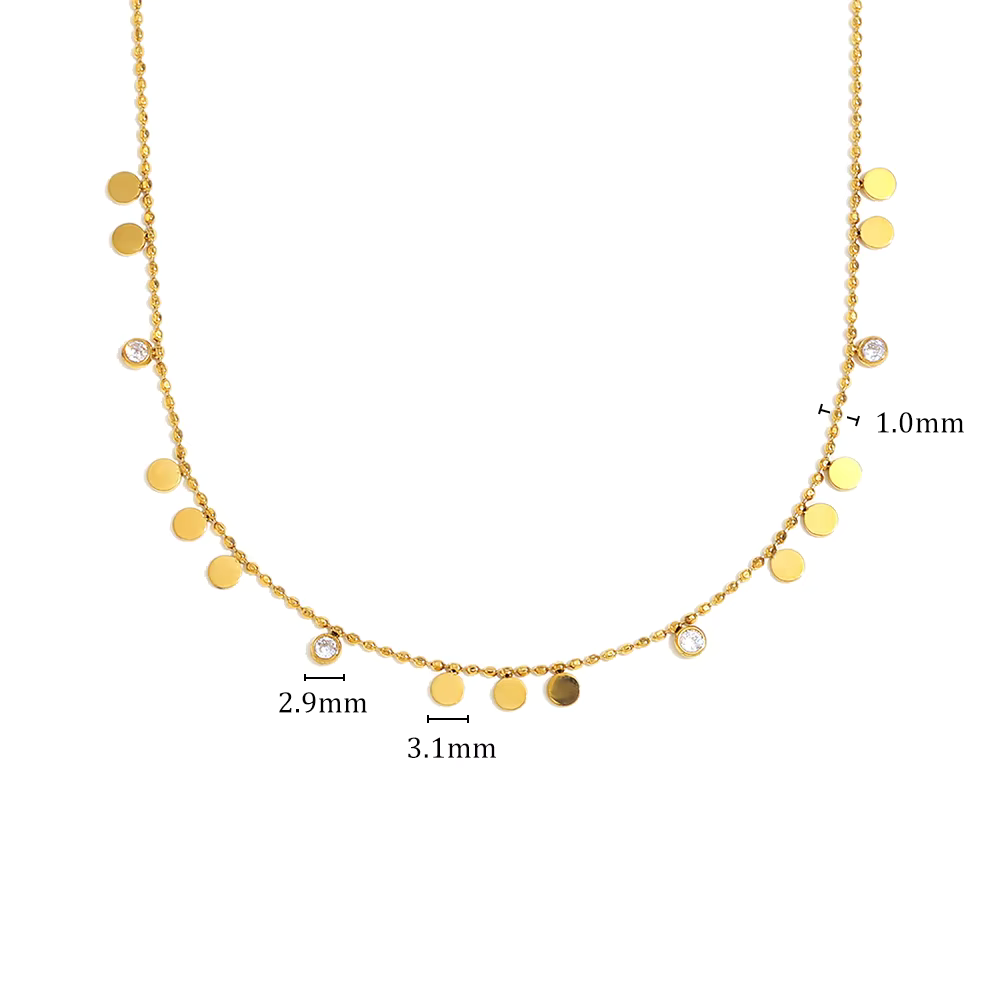 Gold necklace with various diameter measurements on a white background
