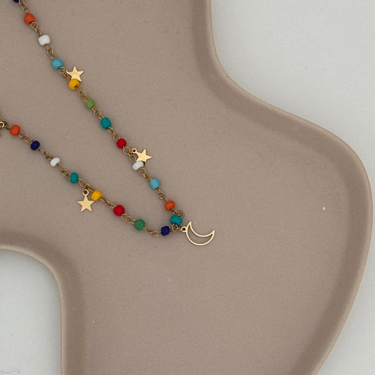 Colourful Beaded Moon and Star Necklace