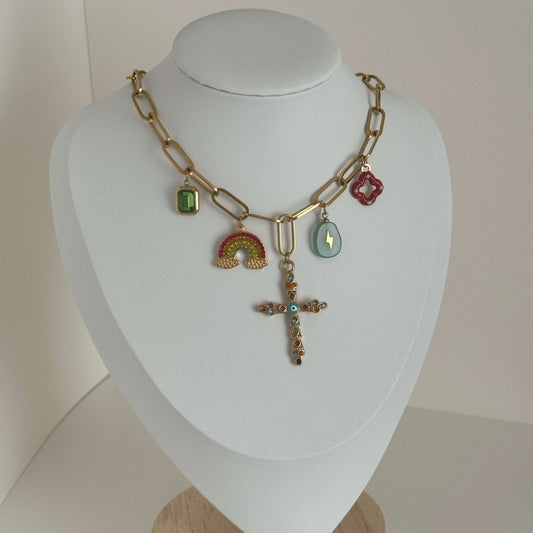 Multi charm gold necklace - colourful cross, green diamond, rainbow, green gemstone, red clover - Kataleya