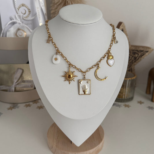 Celestial Luck Gold Charms Necklace - Moon, Sar, Sun, Heart, by Kataleya 