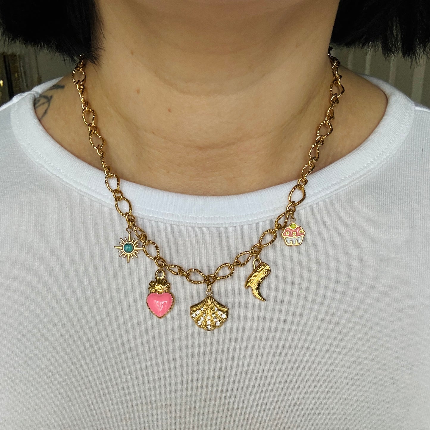 Gold Textured Chunky Multi Charm Chain by Kataleya