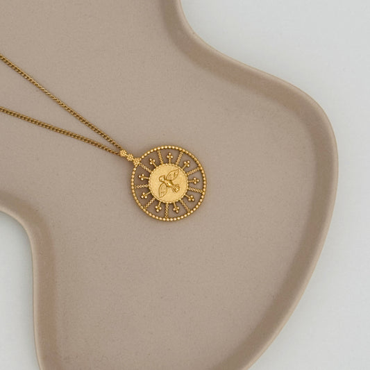 Long Freedom Circle Pendant Necklace, with Bird, in Gold by Kataleya