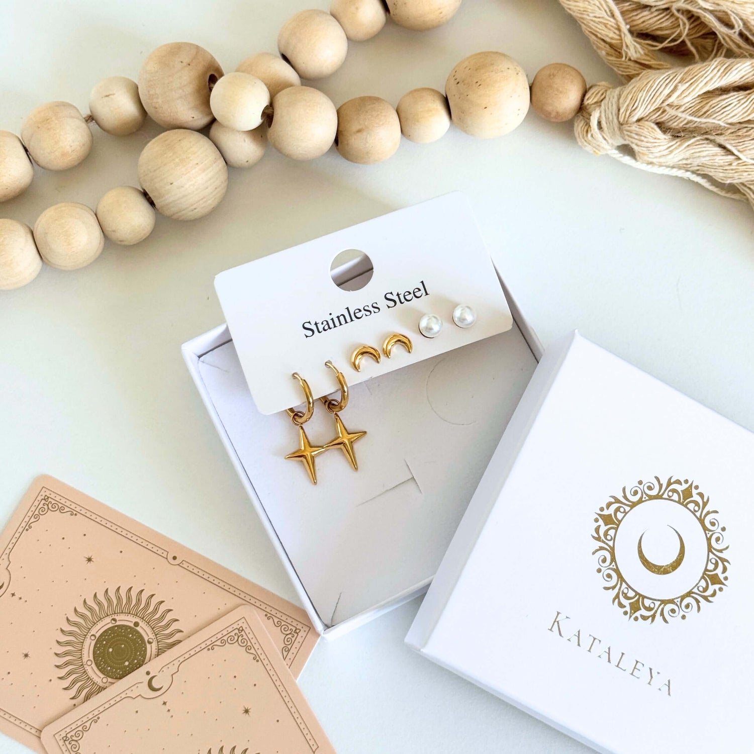 Celestial Gold  Earrings Stack Set of 3  - Stars, Moon, Pearl by Kataleya