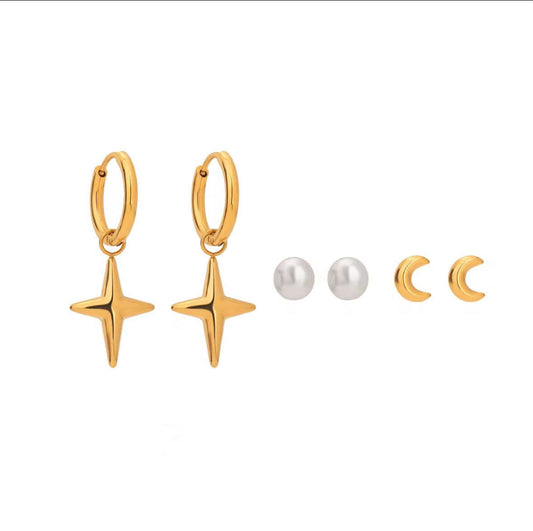 Celestial Gold  Earrings Stack Set of 3  - Stars, Moon, Pearl by Kataleya