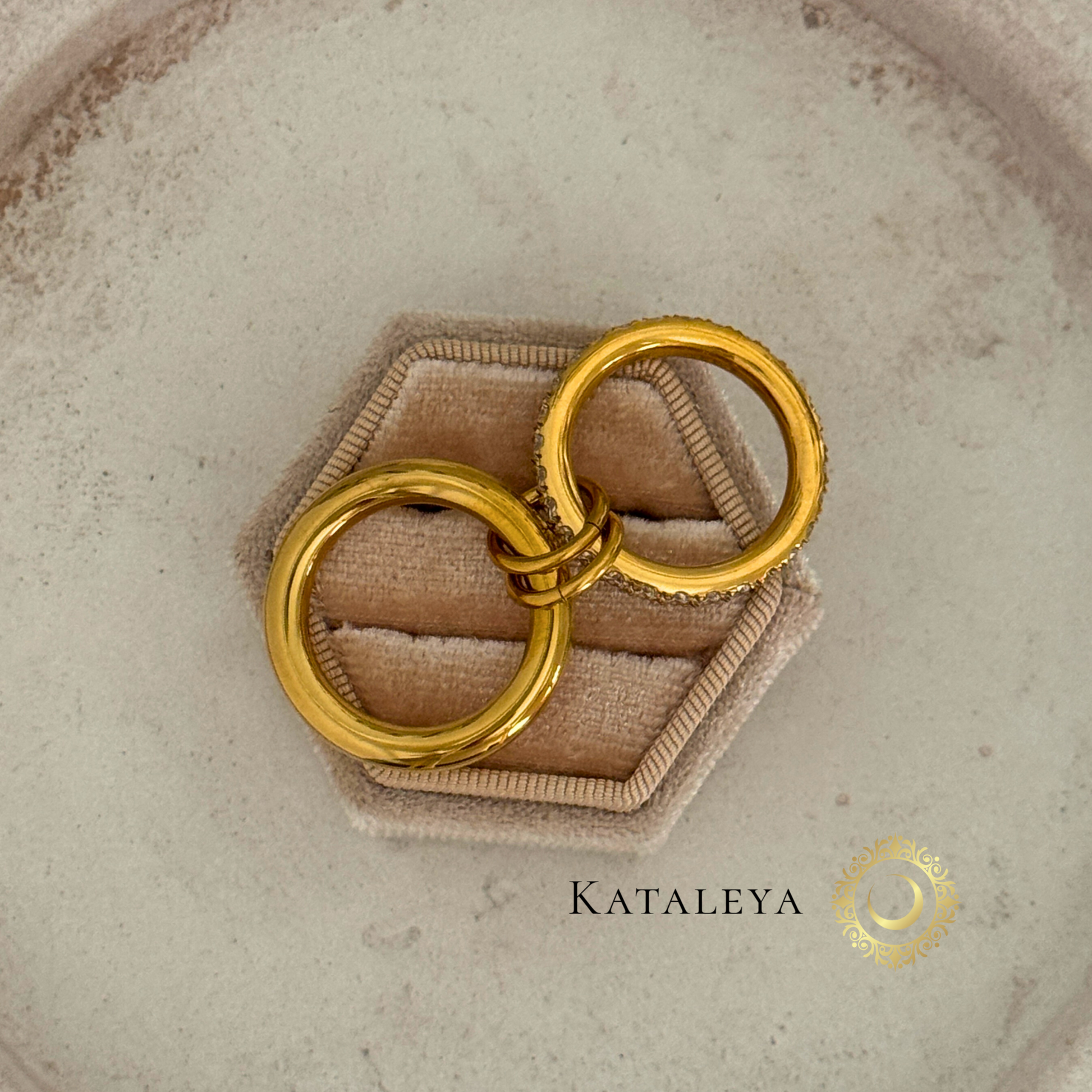 Crystal Stack Rings - two gold ring bands, one with zirconia stones, connected together by Kataleya Jewellery