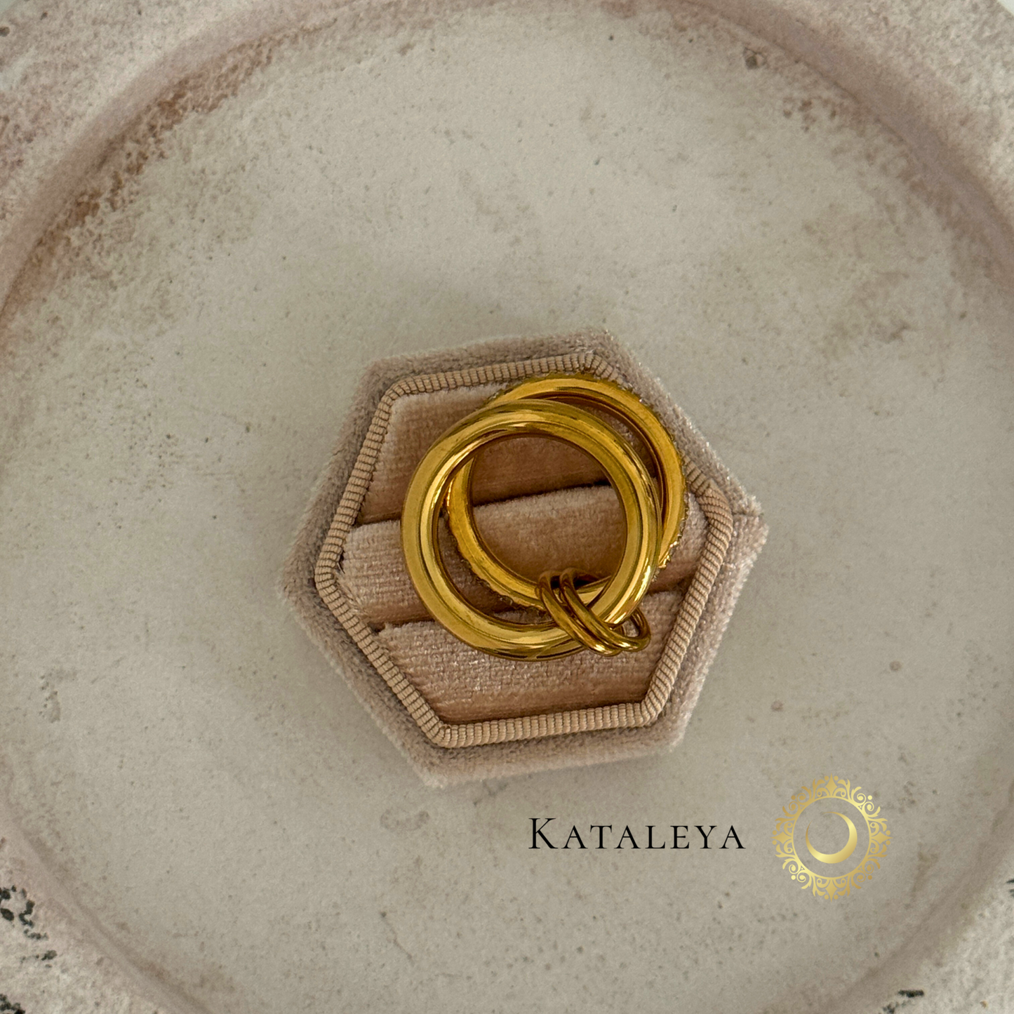 Crystal Stack Rings - two gold ring bands, one with zirconia stones, connected together by Kataleya Jewellery