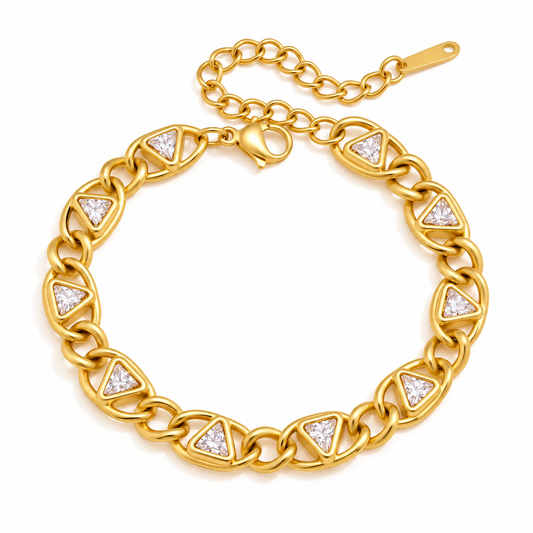 Delphi Crystal Bracelet featuring a chunky gold chain with cubic zirconia triangles.