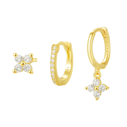 Diana Gold Earrings Set featuring flower stud, pave huggie hoop, and delicate drop earring with CZ stones.