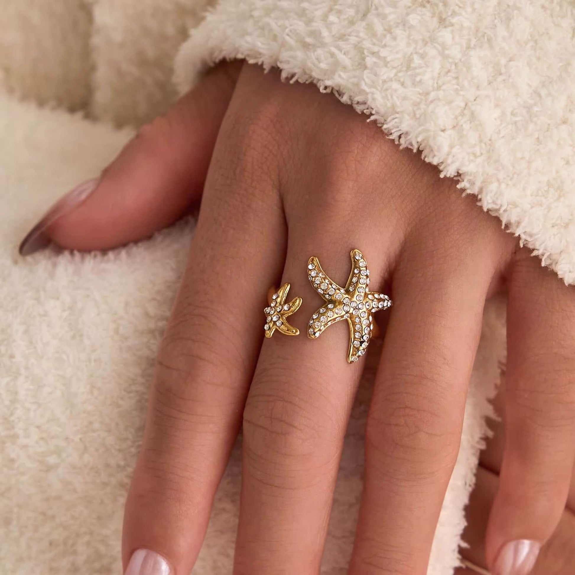 Starfish Dreams Ring, Adjustable, Gold Ring, Adorned with CZ Stones, by Kataleya. 
