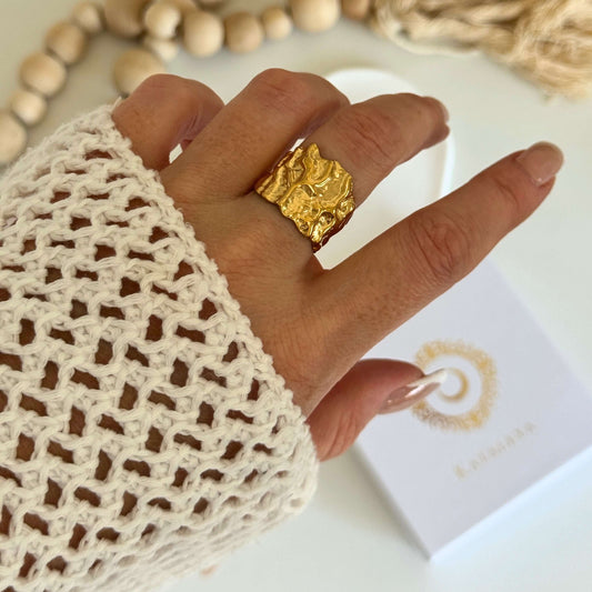 Freya Chunky Gold Hammered Cuff Ring  by Kataleya Jewellery
