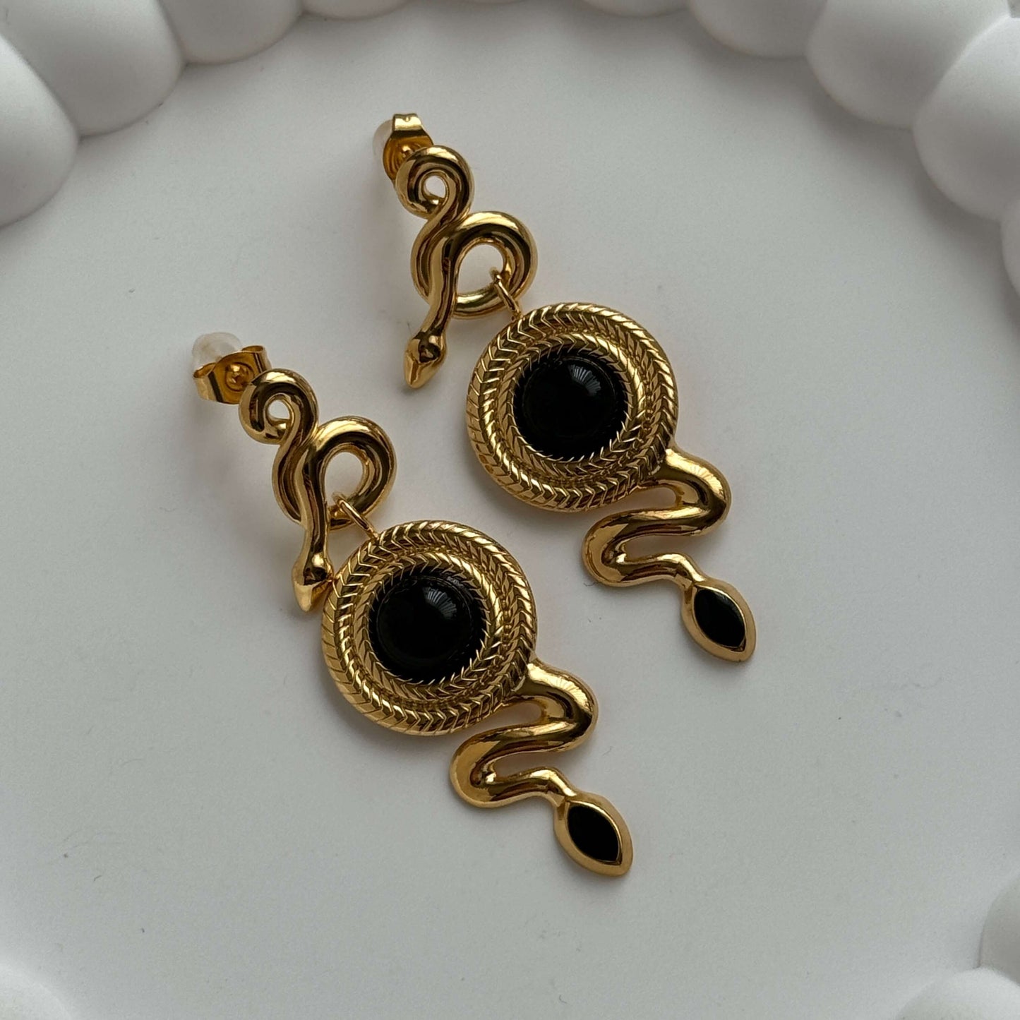 Black agate snake drop gold earrings - Kataleya