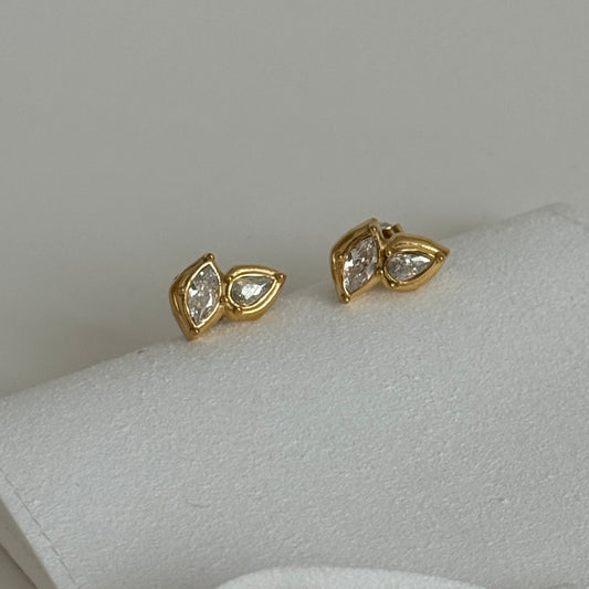 Irregular 2 Leaf Zircon Stud Earrings in Gold by Kataleya