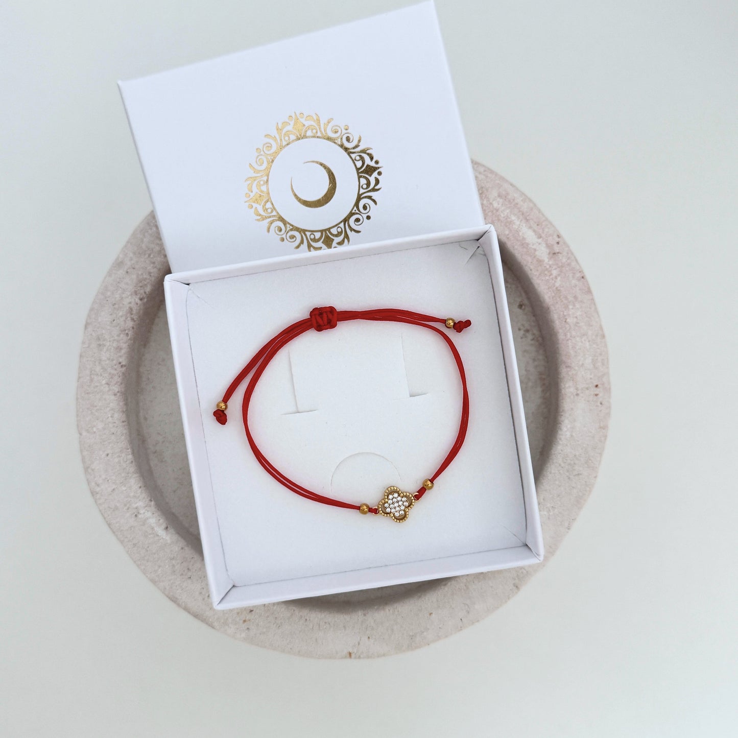 Gold Clover Red String Bracelet by Kataleya Jewellery