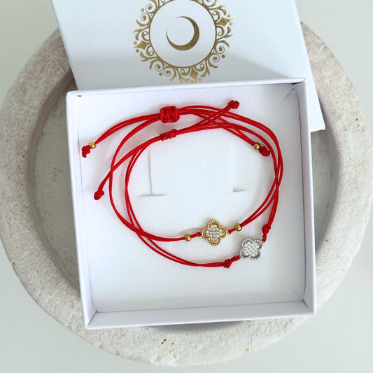 Gold & Silver Clover Red String Bracelet by Kataleya Jewellery