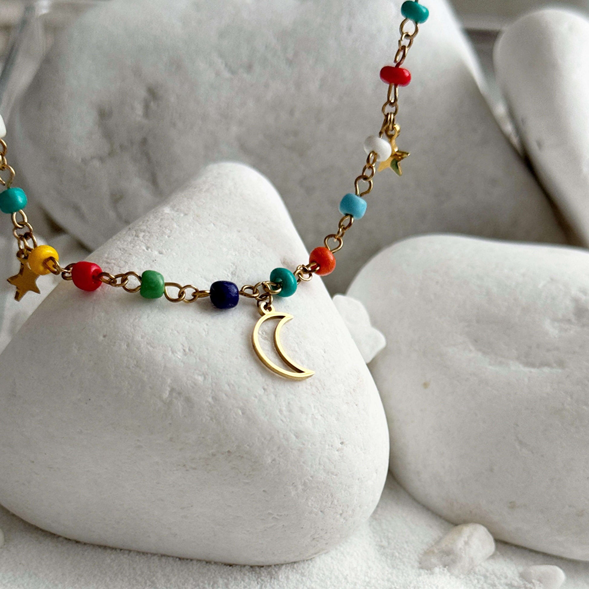 Colourful Beaded Moon and Star Necklace - Kataleya