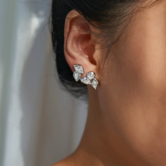 Irregular 3 Leaf Zircon Stud Earrings