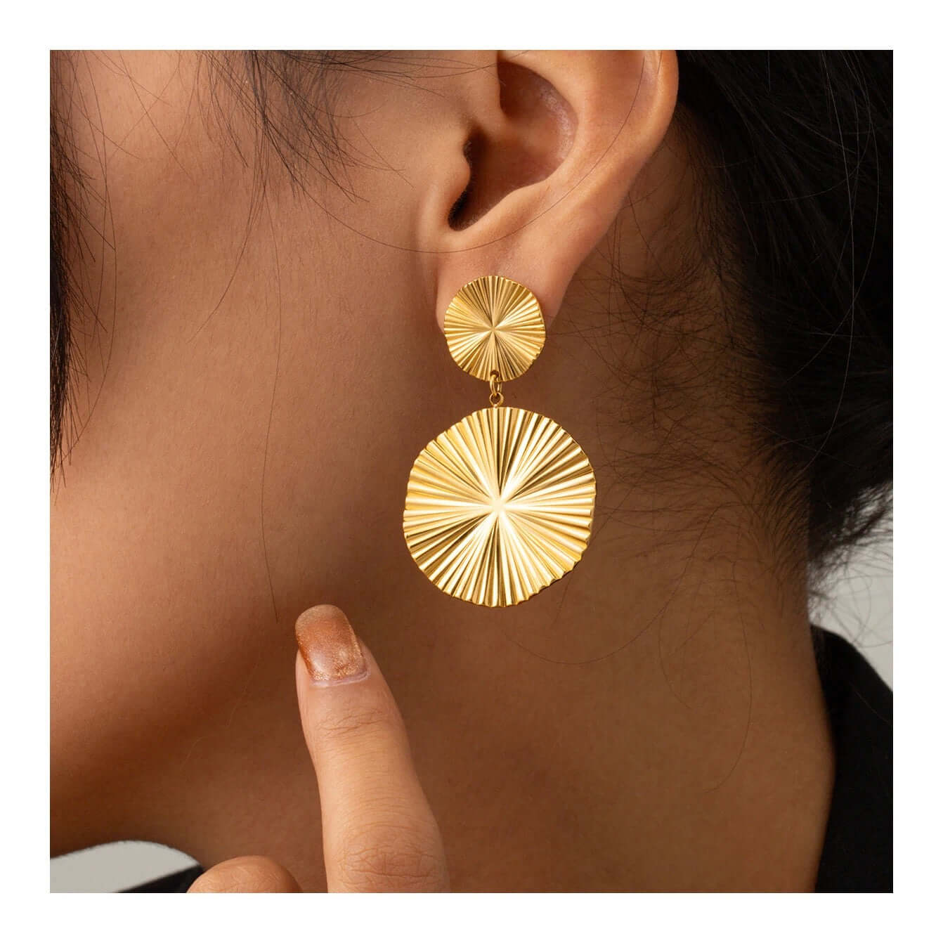 Double Disk Gold Drop Earrings by Kataleya