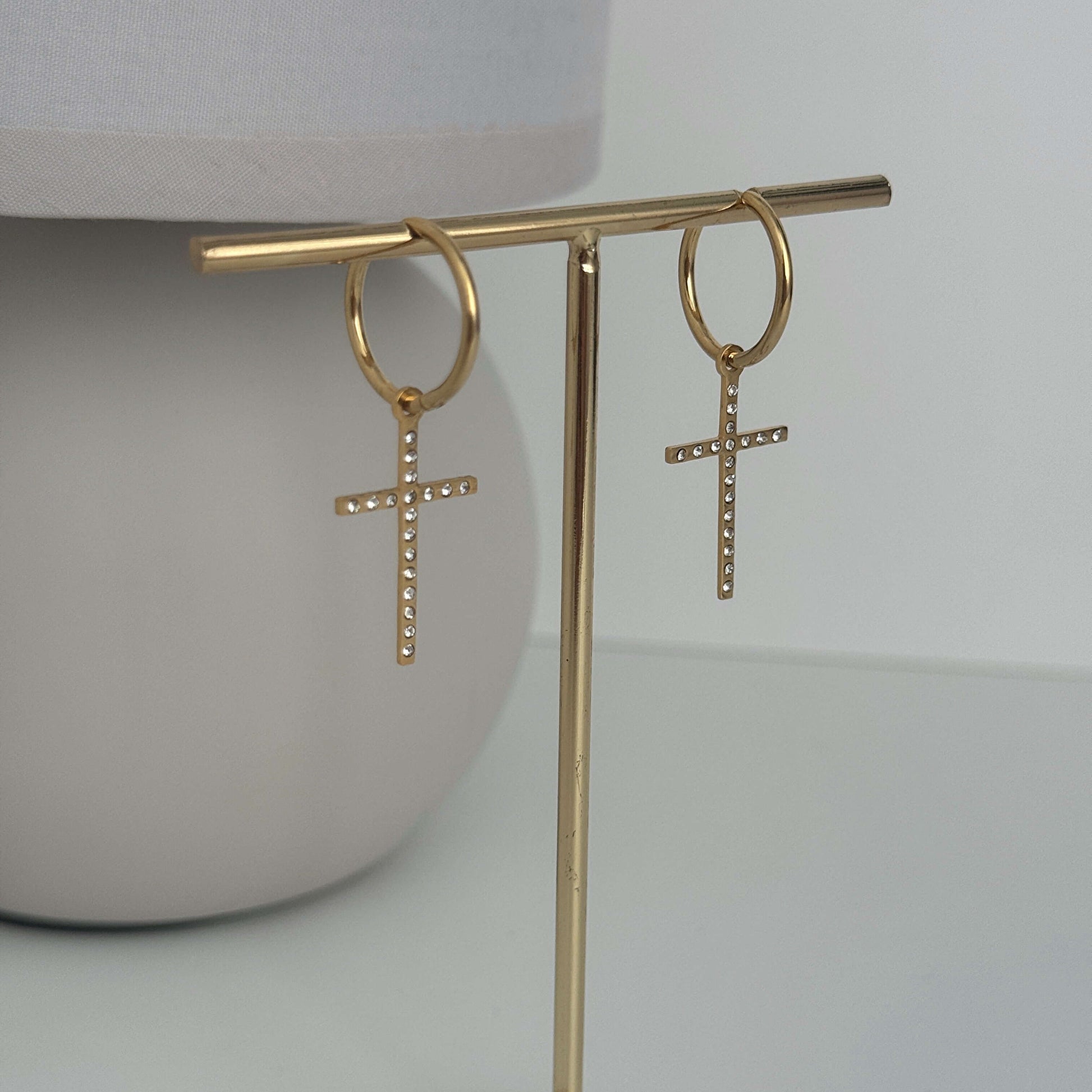 Zircon Cross Drop Gold Hoop Earrings by Kataleya