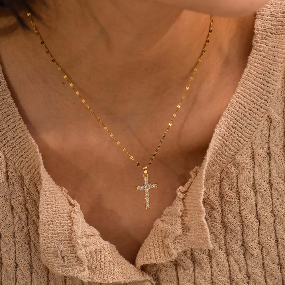 Cross Zircon Pendant Gold Necklace by Ktaleya