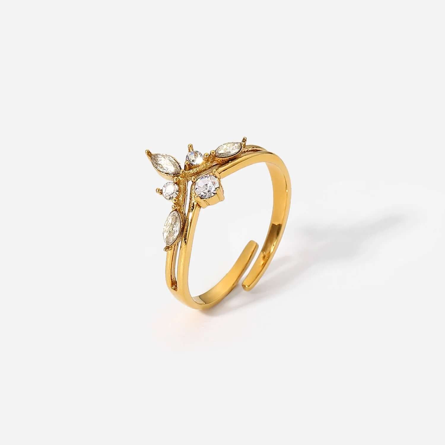 Gold Tiara Design Ring, adjustable, with CZ stones, by Kataleya.