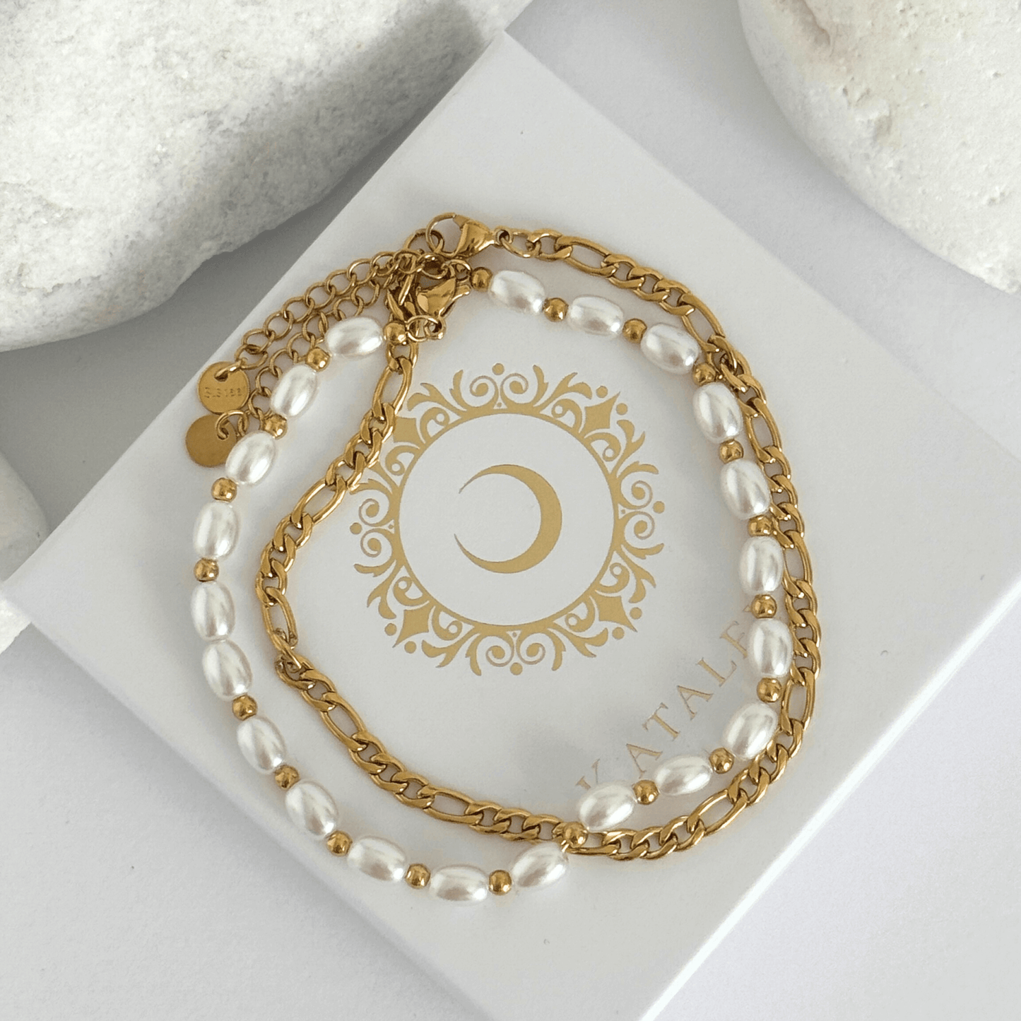 La Perla-set of two anklets-gold figaro chain and string of pearls with gold beads-SEABORN-Kataleya Jewellery