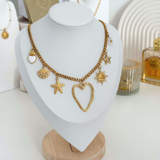 White and Gold Multi - Charm Necklace by Kataleya