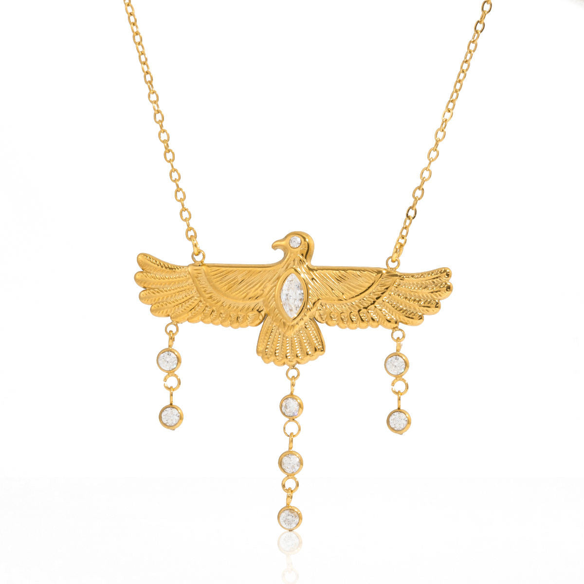 Nekhbet Wing waterproof gold eagle necklace with detailed design and sparkling crystals, perfect for everyday elegance.