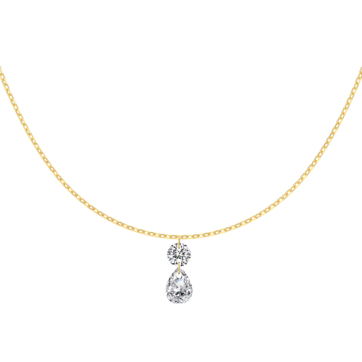 Gold Seraphine Grace necklace with a teardrop-shaped diamond pendant on a white background - Kataleya Jewellery