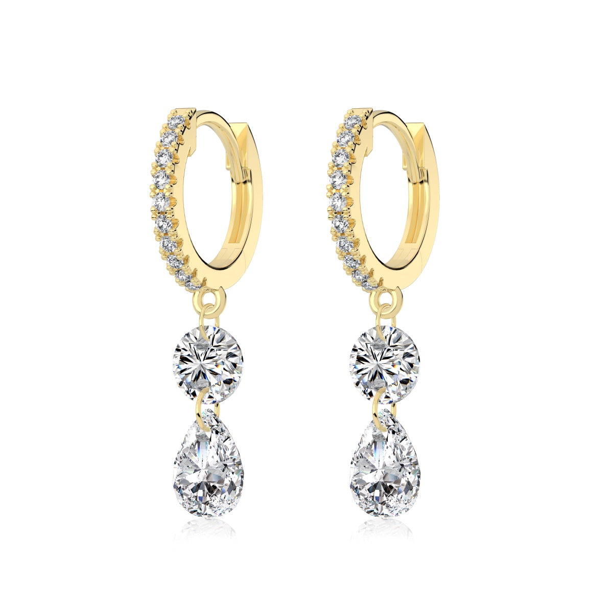 Gold Seraphine Grace hoop earrings with teardrop-shaped crystals on a white background by Kataleya Jewellery