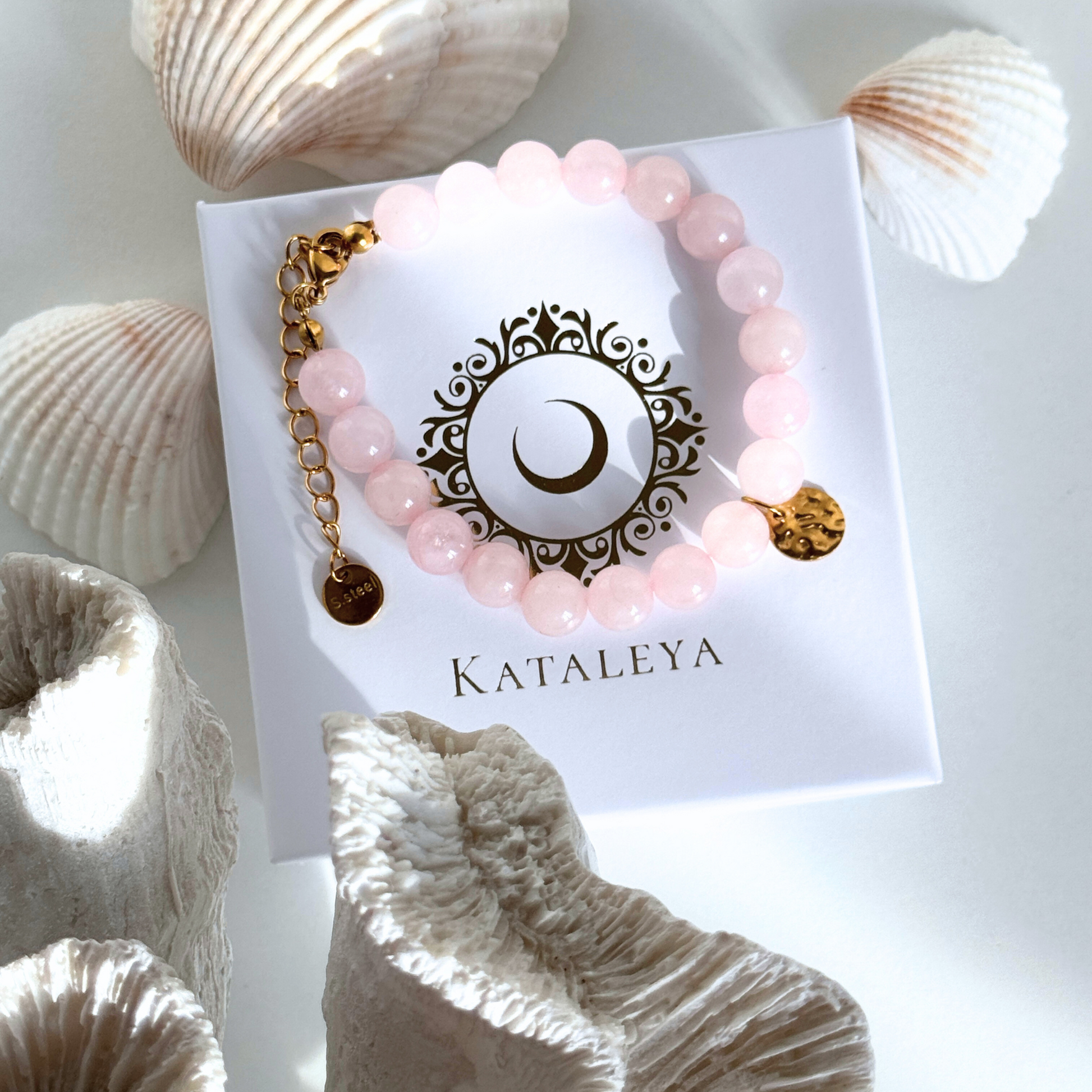 Pink beaded bracelet with golden disk, handmade by Kataleya Jewellery